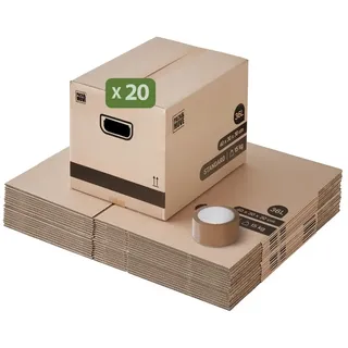 Pack and Move – Set mit 20 Umzugskartons zur Buchaufbewahrung – 40 x 30 x 30 cm – Verstärkte Griffe – 1 gratis Kleber