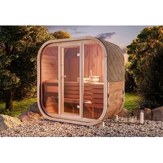FinnTherm Comfort Set Fasssauna Ellipso M Fasssauna 1 Sitzbänke aus Holz , Sauna mit 42 mm Wandstärke, Außensauna mit Montagematerial - Naturbelassen