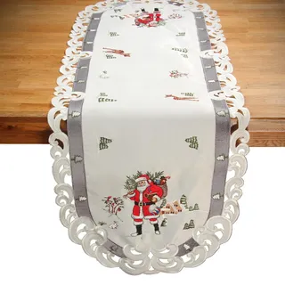 HanaQi- ca. 45x130 cm - Weihnachtlich Stickerei Tischläufer - Weihnachtsmann Festliche Dekoration Polyester, grau-rot-weiß, GRößEAUSWAHL