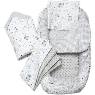 Medi Partners Babynest Nestchen Baby Set für Neugeborene - 100x60x15 Kuschelnest 5 teilig tragbar Nest zweiseitig Babynestchen Bett 100% Baumwolle (Lichtung mit grauem Minky)