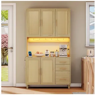 Celya Hochschrank 183cm Küchenanrichte, Buffet, App-gesteuerte LED-Deko-Lichter (3 Schubladen, goldene Metallgriffe, ideal für Küchen und Esszimmer) 2 x USB, 2 x Steckdosen, verstellbare Einlegeböden beige