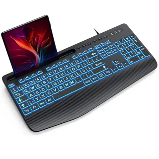sablute Tastatur Beleuchtete Kabel USB PC Ergonomische Tastaturen Hintergrundbeleuchtete Computertastatur mit großem Druck, 7-Farbiger Hintergrundbeleuchtung,Telefonhalter, gut lesbar