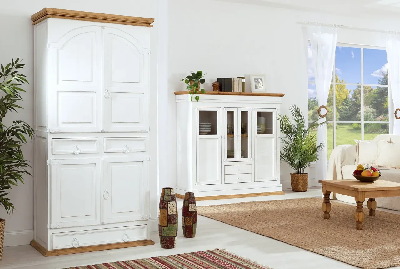 Wohnzimmerschrank MEXICO Weiß Honig - Landhausstil - Pinie Massivholzmöbel