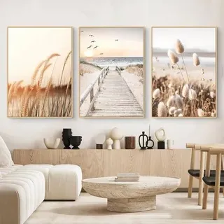 3er Set Natur Küsten Vögel Poster ohne Rahmen 30x40cm, Boho Pampasgras