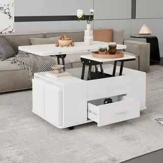 Merax Couchtisch, höhenverstellbarer Wohnzimmertisch, Multifunktions-Kaffeetisch mit Schubladen & Rollen & Hocker, Umwandelbar in Esstisch, Sofatisch mit Erweiterbarer Desktop, für Homeoffice, Weiß