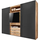 Schwebetürenschrank WIMEX "Magic by fresh to go", grau (plankeneiche nachbildung, graphit), B:300cm H:216cm T:65cm, Schränke, tolles EXTRA: mit drehbarem TV-Element, mittig mit Schubladen