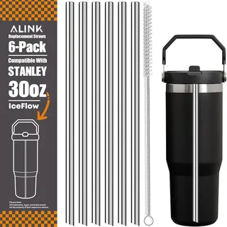ALINK Edelstahl Strohhalme kompatibel mit Stanley Iceflow 30oz Flip Tumbler, 6 Pack wiederverwendbare Metallstrohhalme für Stanley Ice Flow 30oz Cup Lid Only, Plus Straw Cleaner Brush