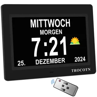 TROCOTN Demenz Uhr senioren, digitaler Kalender, seniorenuhr, Uhr mit Datum und wochentag (7 Zoll Schwarz)