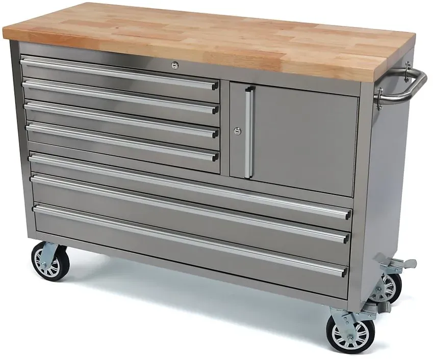 HBM Werkzeugwagen mit Holzarbeitsplatte, 122 cm, Edelstahl
