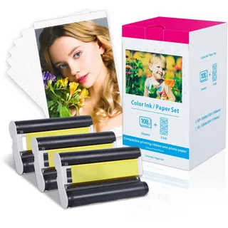 Ersatz für Canon Selphy CP1500 Fotopapier und Kartusche, für Selphy Fotodrucker CP810 CP820 CP910 CP1000 CP1200 CP1300 CP1500, KP-108IN 3x KP-36IP, 3 Patrone + 108 FotoPapier (10x15cm)