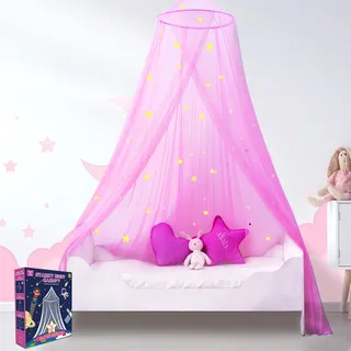 South To East Prinzessin Betthimmel mit fluoreszierenden Sternen, leuchtet im Dunkeln, Moskitonetz Bett für Baby, Kinder, Mädchen, Tochter. Galaxy Betthimmel für Babybett, Kinderbett,Rosa