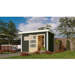 Gartensauna Pultdach Saunahaus Skrollan 1 mit Vorraum terragrau Moderne Tür,