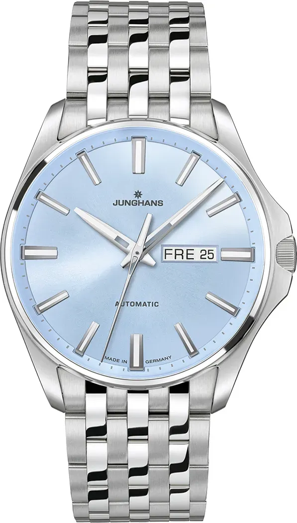 Junghans Meister S Automatic, 44mm, hellblaues Zifferblatt, Edelstahlband Herrenuhr 27/4614.44