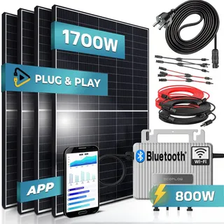 SUNNIVA® 1700W Balkonkraftwerk komplett Steckdose - Ecoflow S 800W Micro Wechselrichter - PV Solaranlage 4x 425W Solarmodule, inkl.5m Kabel, Y-Verteiler, Bluetooth, WIFI