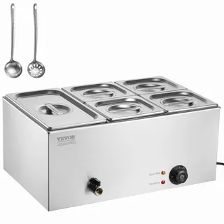 Vevor kommerzieller Speisenwärmer, Speisebehälter 1x 5.3L+4 x 2.2L Edelstahl Buffetwärmer, elektrische Warmhalteplatte, 1200 W, Edelstahl Buffetbehälter, Buffet-Bain-Marie, 30–85 °C Temperaturregelung