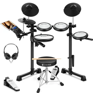 CAHAYA E-Drum Set mit Mesh-Fellen: Dual Trigger Pads und 350 Sounds – Elektronisches Schlagzeug mit großem 8" Snare Pad, Komplettset mit Schlagzeughocker, Kopfhörer, Sticks – für Anfänger Kinder