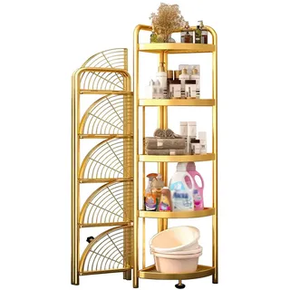 KPHYMOD Eckregal Stehend 5 Etagen Gold Metall Ecke Draht Regal, Platzsparende Klappbare Eckregale für Küche Bad Waschküche, Stehen Keine Montage