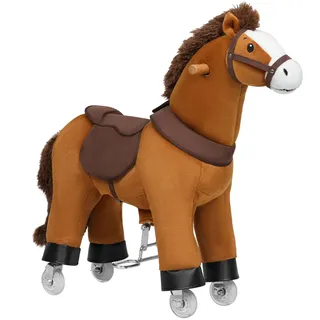 Woltu Reitpferd für Kinder ab 4 Jahren, Plüschpferd auf Rollen mit Soundfunktion, Stehpferd aus Holz und Metall, Spielpferd zum Reiten, Kinderpferd für drinnen und draußen, Braun