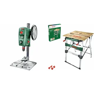 Bosch Home and Garden Tischbohrmaschine PBD 40 (710 W, Max. Bohr-Ø in Stahl/Holz: 13 mm/40 mm, Bohrhub 90mm, im Karton), Grün & Arbeitstisch PWB 600