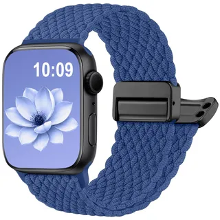 PIOWNN Geflochtenes Armband kompatibel mit Apple Watch Armband 40mm 41mm 38mm 42mm - Series 11 10, Elastisches Nylon Sportband mit Magnetverschluss für iWatch SE 3 2 Series 11 10 9 8 7 6 5 4, Blau