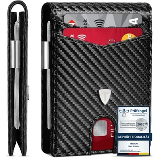 TEEHON Geldbörse Herren Slim Wallet RFID Blocking Kohlefaserleder Portmonee Herren mit 11 Kartenetui, Ausweisfenster, Geldscheinklammer, Minimalistischer Geldbeutel mit Geschenkbox - Schwarz (Schwarz)