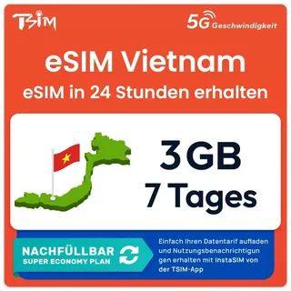 Vietnam eSIM | 3GB | 7 Tage | Nachfüllbarer Tarif | 5G Geschwindigkeit |Hotspot| Nur-Daten. QR-Code Wird innerhalb von 24 Stunden gesendet, scannen zur Aktivierung, Keine Telefonnummer enthalten.