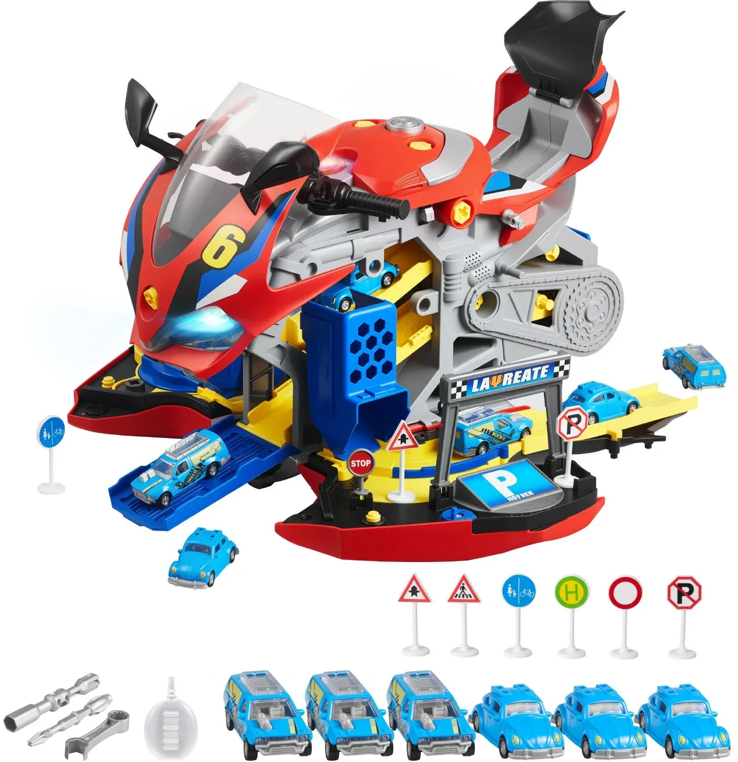 VEVOR Motorradmotor-Spielzeug, 25-teilig, Motorradmechaniker-Spielzeug mit abnehmbaren Teilen, Lichtern & Geräuschen, simuliertes Fahren & Rennstreckenrennen, für Kinder ab 3 Jahren, Rot