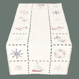 Raebel Tischdecke Tischläufer Mitteldecke Maritime Stickerei, wollweiß mit bunter Stickerei 25 x 160 cm/Aufmachung 1 Stück