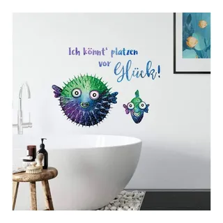 K&L Wall Art Wandtattoo Wandtattoo Hagenmeyer Badezimmer Kugelfisch platzt vor Glück, Wandbild selbstklebend, entfernbar bunt 134 cm x 100 cm