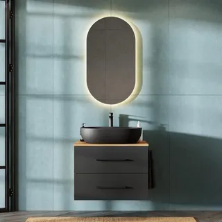 Planetmöbel Waschtischunterschrank LUX 70 cm Gold Eiche / Anthrazit mit Waschbecken Schwarz