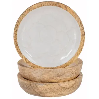 levandeo 3er Set Teller 10cm Mango Holz Creme Perlmutt Emaille Snacks Dip Schale Tischdeko Ablage Holzteller Deko Fingerfood