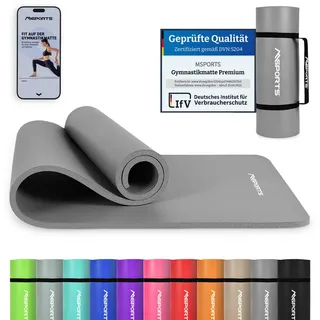 Msports Gymnastikmatte Premium inkl. Tragegurt + Übungsposter + Workout App I Hautfreundliche Fitnessmatte 190 x 60 x 1,5 cm - Anthrazit - Phthalatfreie Yogamatte