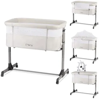 MOMI REVO Multifunktions-Beistell- und Kinderbett, 6-stufig höhenverstellbar von 72 bis zu 82 cm, mit Rollen, inkl. Matratze, Befestigungsgurte, Insektenschutz und Bügel mit Spielzeugen