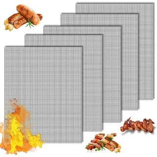 5-teilige, Zuschneidbare Grillmatte, 42 X 36 Cm, Teflon-grillmatte, Wiederverwendbar, Geeignet Für Gasgrill, Holzkohlegrill, Elektrogrill, Backofen Und Heißluftfritteuse