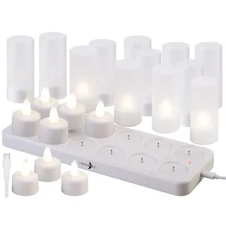 Lunartec aufladbare Teelichter: 12er-Set Akku-LED-Teelichter mit Kunststoff-Dekogläsern & Ladestation (wiederaufladbare, LED Kerzen aufladbar, wiederaufladbar)