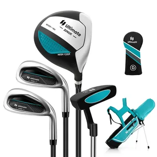 GYMAX Komplettes Golfschläger Set, Komplettsatz mit Golftasche & Regenhaube, inkl. 1 Driver, 7er-Eisen, S-Eisen & Putter, Golf Set für Kinder 8–10 Jahren(Blau)