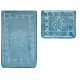 COFI Almina 2 Teiliges Bademattenset aus Polyester mit Muster Waschbar und Rutschfest Blau