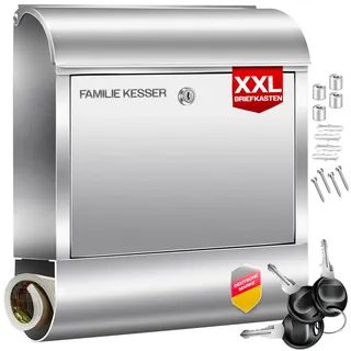 Kesser KESSER® XXL Briefkasten mit Zeitungsfach gebürstet 3x Schlüssel abschließbar Pulverbeschichtet Wandmontage , groß Front-Einwurf: DIN C4 = DIN A4 , inkl. Montagematerial