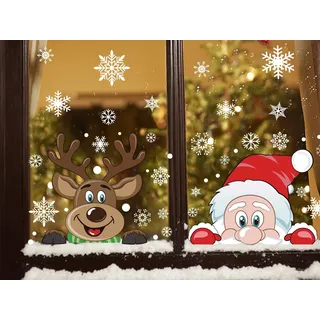 DERAYEE 6 Blätter gucken Santa & Rudolph Fenster haftet Schneeflocken statische Aufkleber für Weihnachten Fenster anzuzeigen