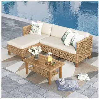 PHI VILLA Gartenlounge-Set, (1 Chaiselongue, 1 Zweisitzer-Sofa und 1 Kleiner Couchtisch, Rattan Lounge Möbel Outdoor), 4 Personen Terassenmöbel Außen Gartensofa beige