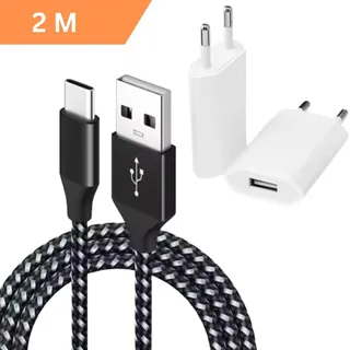 Nylon Schnellladekabel/Datenkabel USB A - USB C Schwarz 2 m inkl. Ladeadapter für iPhone 15 / 16 / 16e / Pro / Max / Samsung / Google Pixel / Xiaomi - Weiß/Schwarz