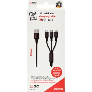 2Go 3in1 USB Ladekabel - schwarz - 300cm