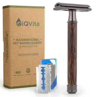 iQVita® Premium Rasierhobel mit Griff aus Bambus - Rasierer Damen - inkl. 10 Rasierklingen - Nassrasierer - geschlossener Kamm - umweltfreundlich & nachhaltig - Zero Waste - inkl. eBook