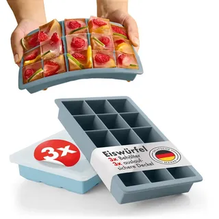 Blumtal Eiswürfelformen Silikon 3er Set - 15er Eiswürfelform mit Deckel - BPA-freie Silikon Eiswürfelform - Ice Cube Tray lebensmittelecht - Ice Tray - Graublau + Graublau + Hellblau