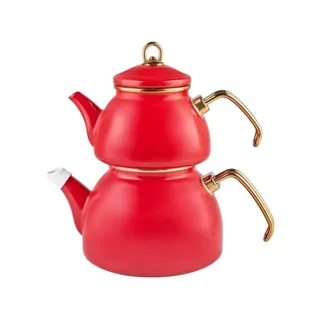 KARACA Retro Emaille Teekannen- Set, Rot, Induktionsgeeignet, Teekocher, Wasserkocher, Teeaufguss 1,1L, Wasserkanne 2,3L, Türkische Teekessel, Tea Maker, Caydanlik