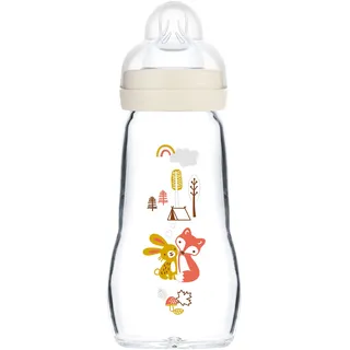 MAM Feel Good Babyflasche aus Glas (260 ml), Milchflasche mit weiter Öffnung, stabile Baby Trinkflasche mit Sauger Gr. 1, ab der Geburt, Hase/Fuchs