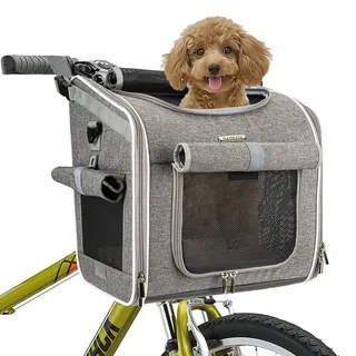 BABEYER Hunde-Fahrradkorb, erweiterbar, weich, für Haustiere, Rucksack mit 4 offenen Türen, 4 Netzfenstern für kleine Hunde, Katzen, Welpen, Grau