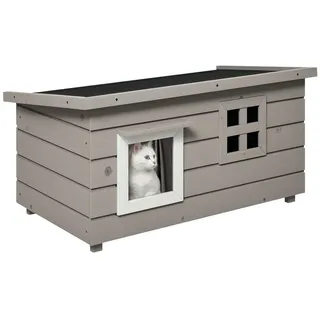 PawHut Katzenhaus Katzenhütte mit Asphaltdach 87x52x48cm Winterfest für Outdoor Katzenhöhle Tannenholz Grau Schwarz Aosom.de