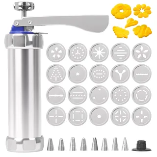 Gebäckpresse Kekspresse Spritzgebäck Presse Plätzchenpresse Teigspritze Teigpresse Keksmaschine mit 20 Schablonen 8 Edelstahl Tüllen Backspatel Reinigungsbürste für Kuchen Kekse Plätzchen (A)
