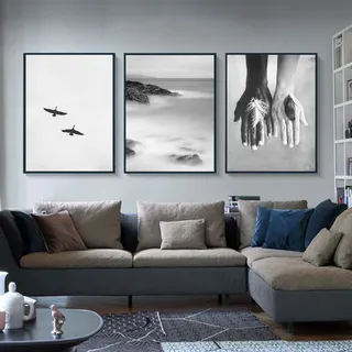 HMXQLW Schwarz Weiß Bilder 3er Set Leinwandbilder Modern Poster für Wohnzimmer Schlafzimmer Deko Kunst Malerei Kein Rahmen (Hand Möwen,50X70CM)